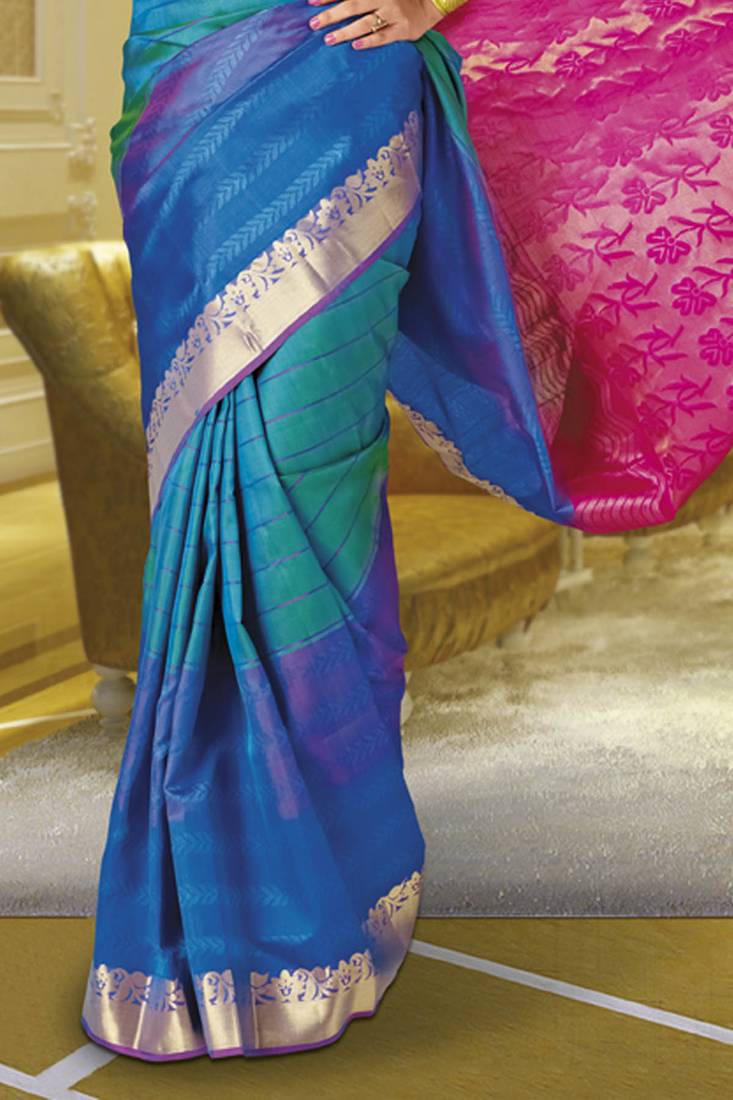 Sky Blue Green Combo Handloom Silk Saree With Pink Zari Weaved Blue Green Combo Handloom Silk Saree With Pink Zari Weaved Pallu