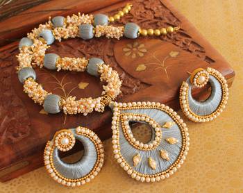 Awesome Handmade Silk Therad Grey Necklace Set 1