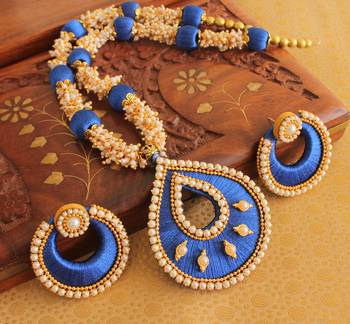 Awesome Handmade Silk Therad Blue Necklace Set 1