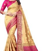 Beige woven cotton silk saree with blouse