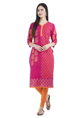 Pink printed cotton long-kurtis 1