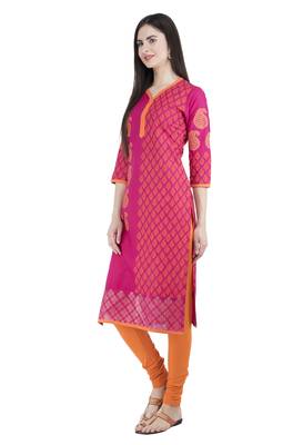 Pink printed cotton long-kurtis 2