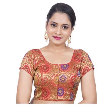Red Brocade Embellished Padded Readymade Saree Blouse 1