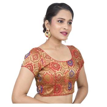 Red Brocade Embellished Padded Readymade Saree Blouse 2