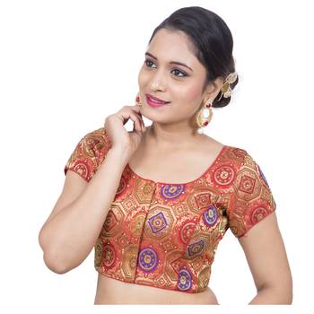 Red Brocade Embellished Padded Readymade Saree Blouse 3