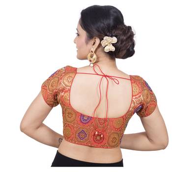 Red Brocade Embellished Padded Readymade Saree Blouse 4