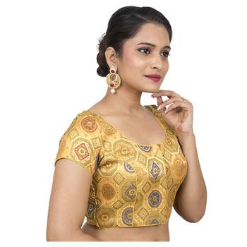 Yellow Brocade Embellished Padded Readymade Saree Blouse 2