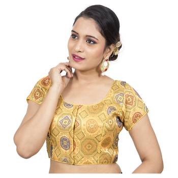 Yellow Brocade Embellished Padded Readymade Saree Blouse 3