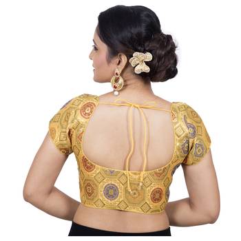 Yellow Brocade Embellished Padded Readymade Saree Blouse 4