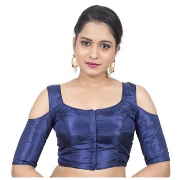Dark Blue Banglori Silk Cold shoulder Padded Readymade Saree Blouse 1