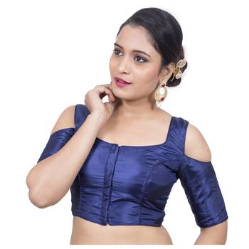 Dark Blue Banglori Silk Cold shoulder Padded Readymade Saree Blouse 3