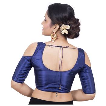 Dark Blue Banglori Silk Cold shoulder Padded Readymade Saree Blouse 4