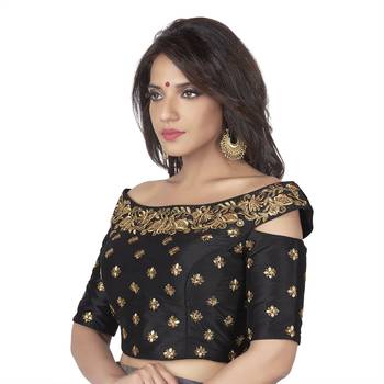 9blings Black Embroidered Cold Shoulder Designer Readymade Saree Blouse 2