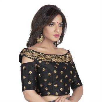 9blings Black Embroidered Cold Shoulder Designer Readymade Saree Blouse 3