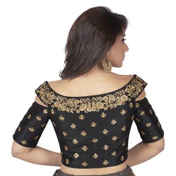 9blings Black Embroidered Cold Shoulder Designer Readymade Saree Blouse 4