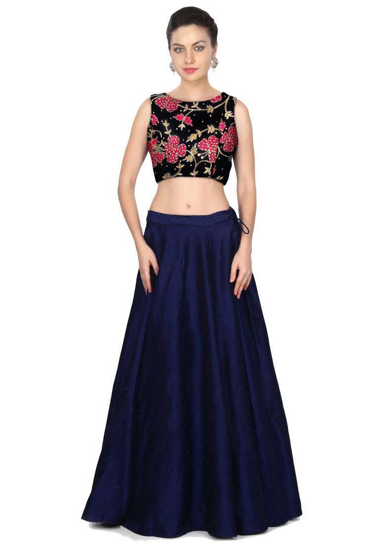 navy blue embroidered art silk lehenga with dupatta