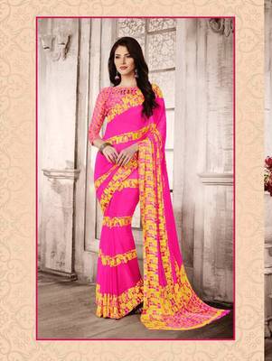 Pink printed georgette saree with blouse 1