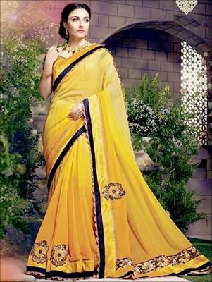 Light yellow embroidered georgette saree with blouse 1