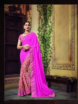 Pink printed georgette saree with blouse 1