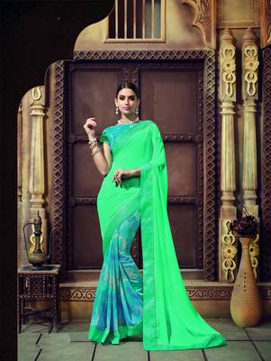 Green printed georgette saree with blouse 1