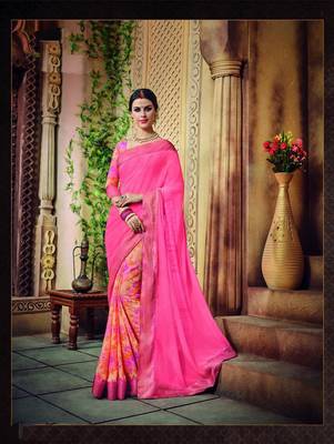 Pink printed georgette saree with blouse 1