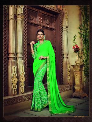 Green printed georgette saree with blouse 1