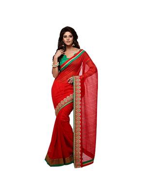 Red printed jacquard saree with blouse 1
