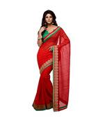 Red printed jacquard saree with blouse