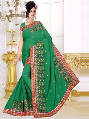 Green printed georgette saree with blouse 1