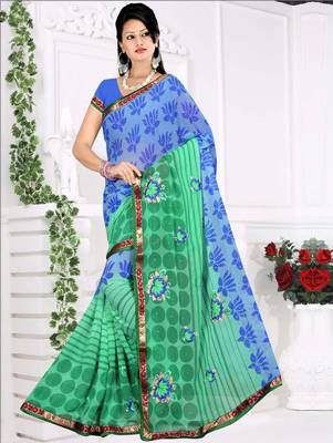 Blue embroidered chiffon saree with blouse 1