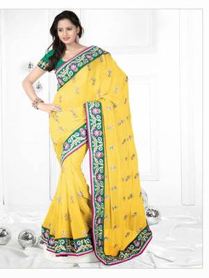 Light yellow embroidered georgette saree with blouse 1