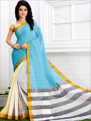 Blue printed cotton saree with blouse 1