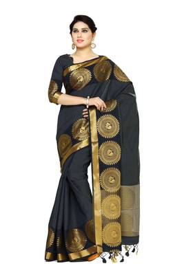 Black Woven Tussar Silk Saree With Blouse 1