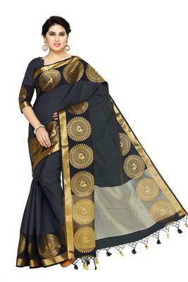 Black Woven Tussar Silk Saree With Blouse 2