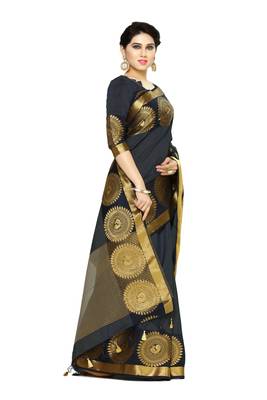 Black Woven Tussar Silk Saree With Blouse 3