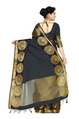 Black Woven Tussar Silk Saree With Blouse 4
