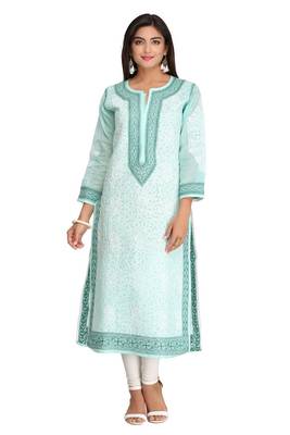 Sea Green Embroidered Cotton Chikankari Kurti 1