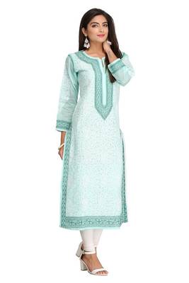 Sea Green Embroidered Cotton Chikankari Kurti 3