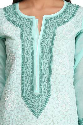 Sea Green Embroidered Cotton Chikankari Kurti 4