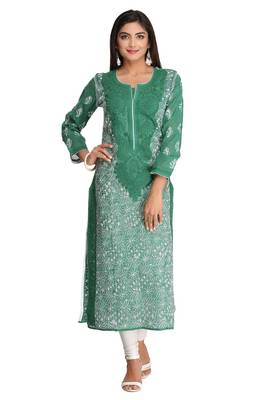 Green Embroidered Cotton Chikankari Kurti 1