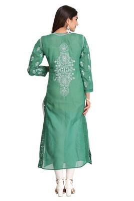 Green Embroidered Cotton Chikankari Kurti 2