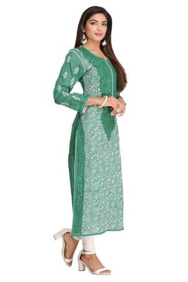 Green Embroidered Cotton Chikankari Kurti 3