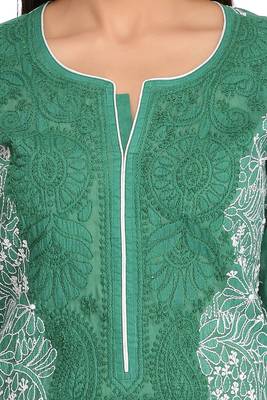 Green Embroidered Cotton Chikankari Kurti 4