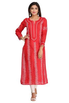 Red Embroidered Cotton Chikankari Kurti 1