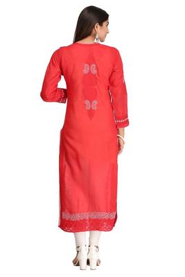 Red Embroidered Cotton Chikankari Kurti 2