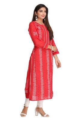 Red Embroidered Cotton Chikankari Kurti 3