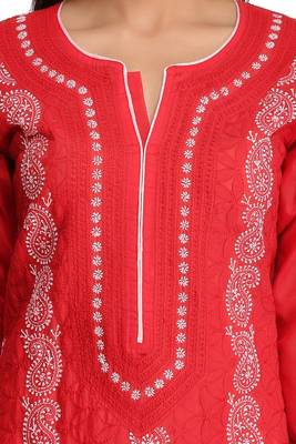 Red Embroidered Cotton Chikankari Kurti 4