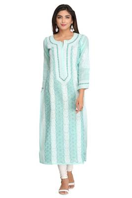 Sea Green Embroidered Cotton Chikankari Kurti 1