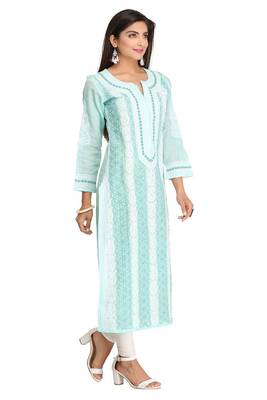 Sea Green Embroidered Cotton Chikankari Kurti 3