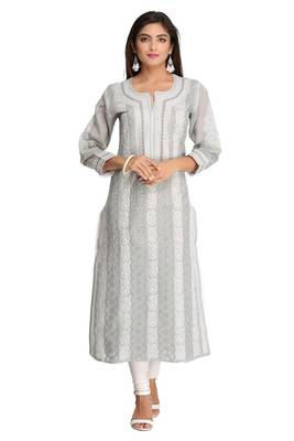 Grey Embroidered Cotton Chikankari Kurti 1